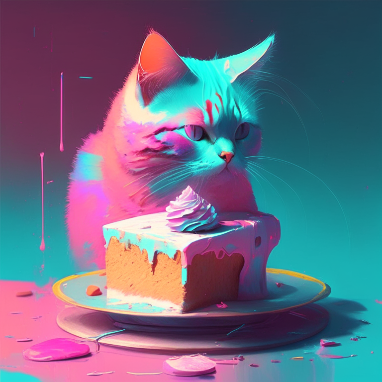 cat, cake, in the style of shwedoff, ross tran, digital gradient blends, light turquoise and light magenta, mcdonaldpunk, optical, vibrant, orange colours