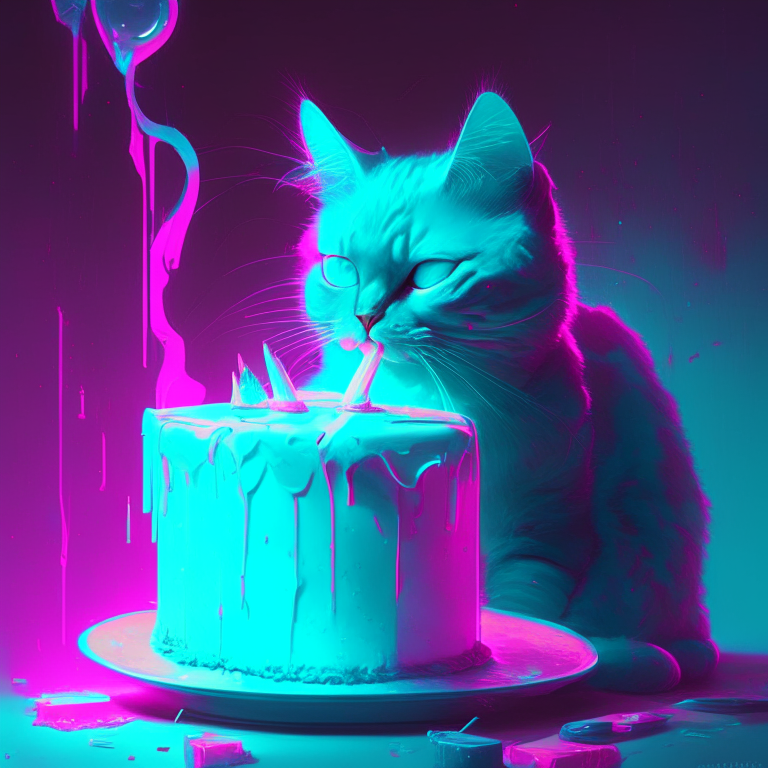 cat, cake, in the style of shwedoff, ross tran, digital gradient blends, light turquoise and light magenta, mcdonaldpunk, optical, vibrant, neon colors