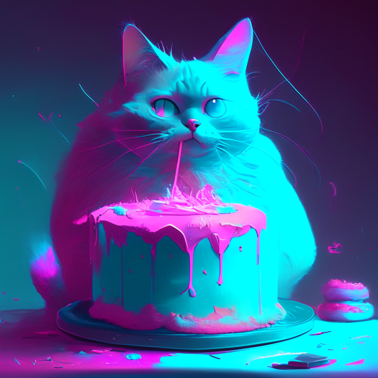 cat, cake, in the style of shwedoff, ross tran, digital gradient blends, light turquoise and light magenta, mcdonaldpunk, optical, vibrant, neon colors Pokémon 