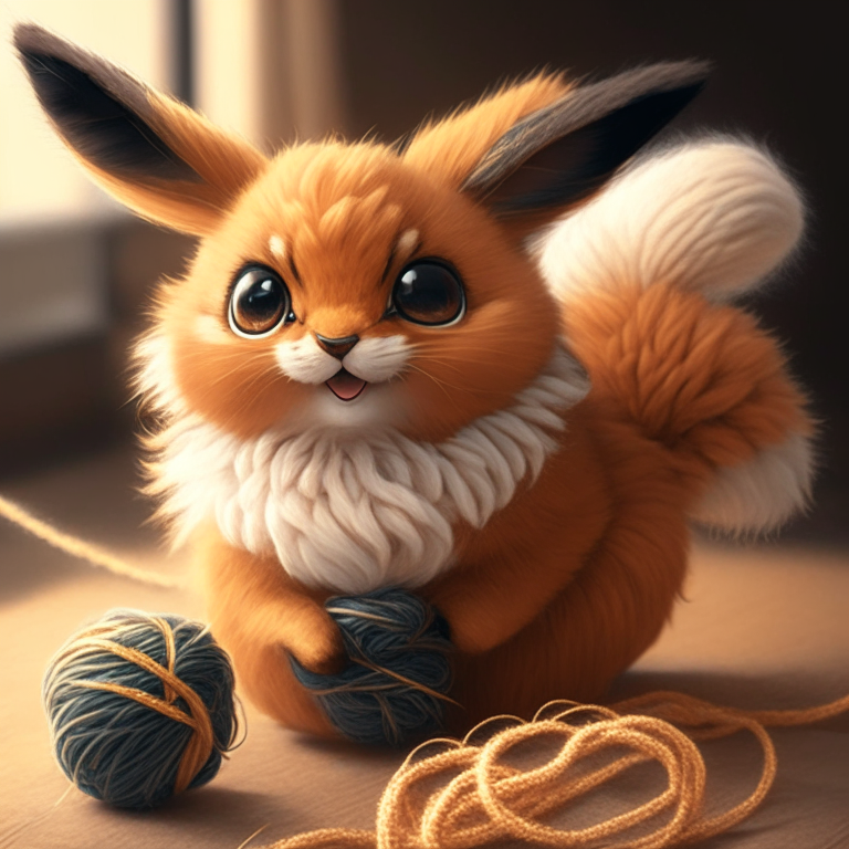 An Eevee cat with a playful expression and a ball of yarn