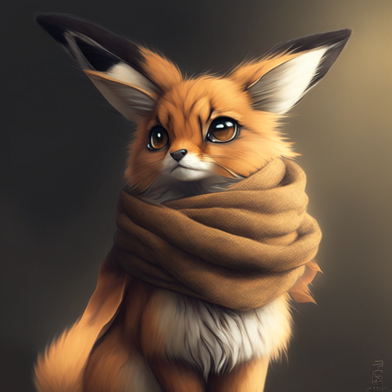 An Eevee cat with a serious expression and a scarf