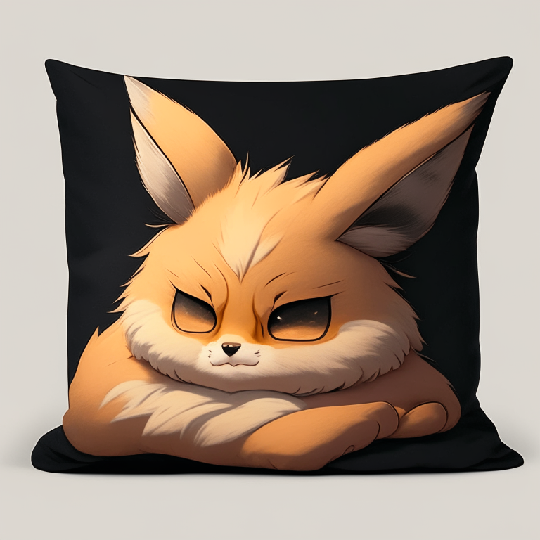 An Eevee cat with a sleepy expression and a pillow