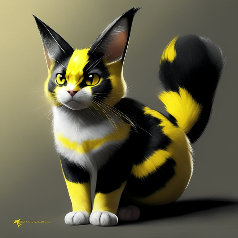 a cat with Pikachu's yellow and black color scheme and pointy ears