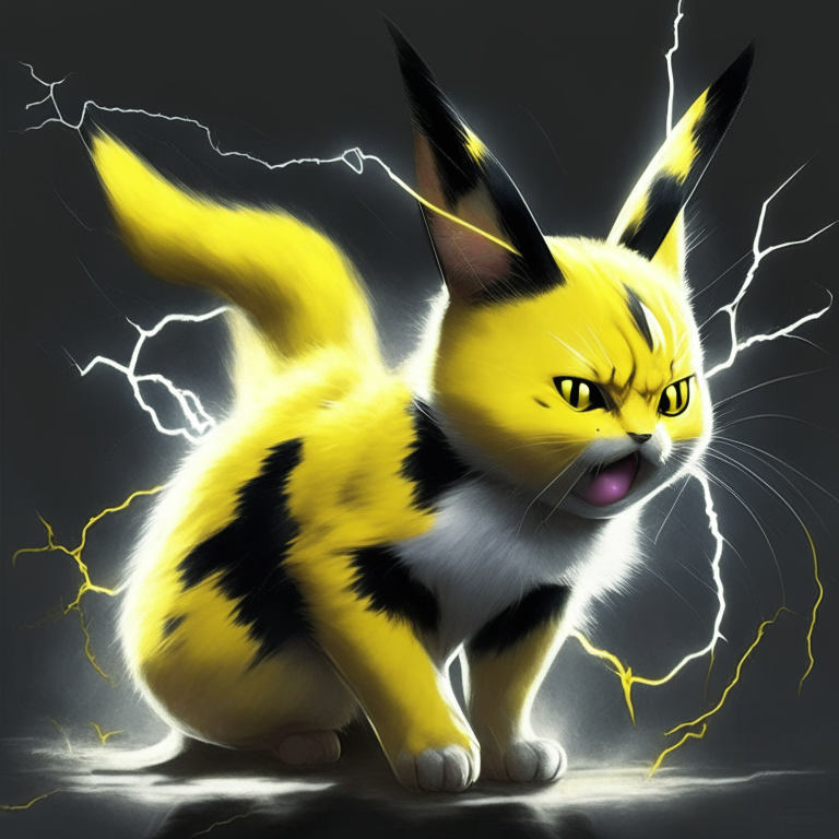 a cat with Pikachu's yellow and black color scheme, pointy ears, and a lightning bolt tail