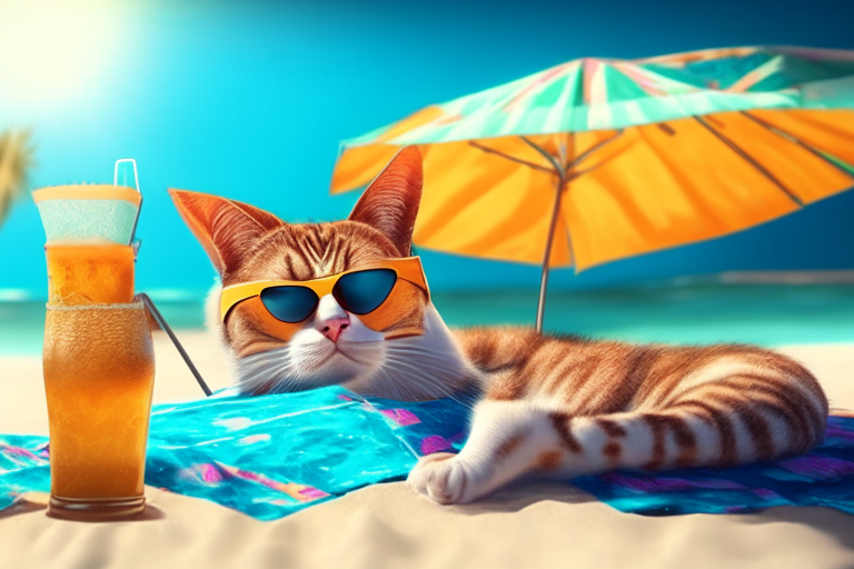 a cat lounging on a beach towel under a beach umbrella, with a tropical drink and sunglasses, in a summer setting, 4k