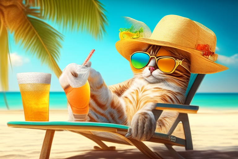 a cat wearing a sun hat and sunglasses, sitting on a beach chair with a tropical drink in hand, in a summer setting