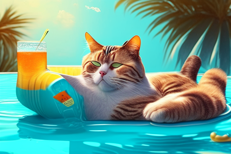 a cat lounging on a pool float with a drink in hand, in a summer setting