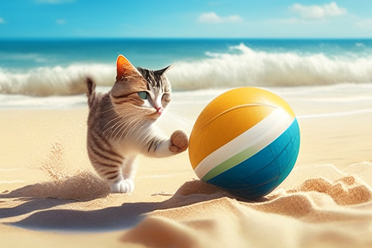 a cat playing with a beach ball on a sandy beach, with the ocean in the background, in a summer setting