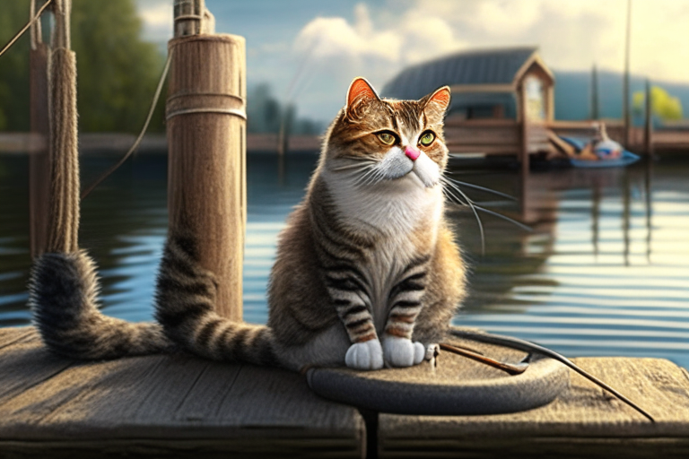 a cat sitting on a dock with a fishing rod, in a summer setting