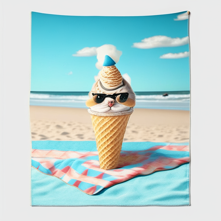 An ice cream cat with a waffle cone hat sitting on a beach towel