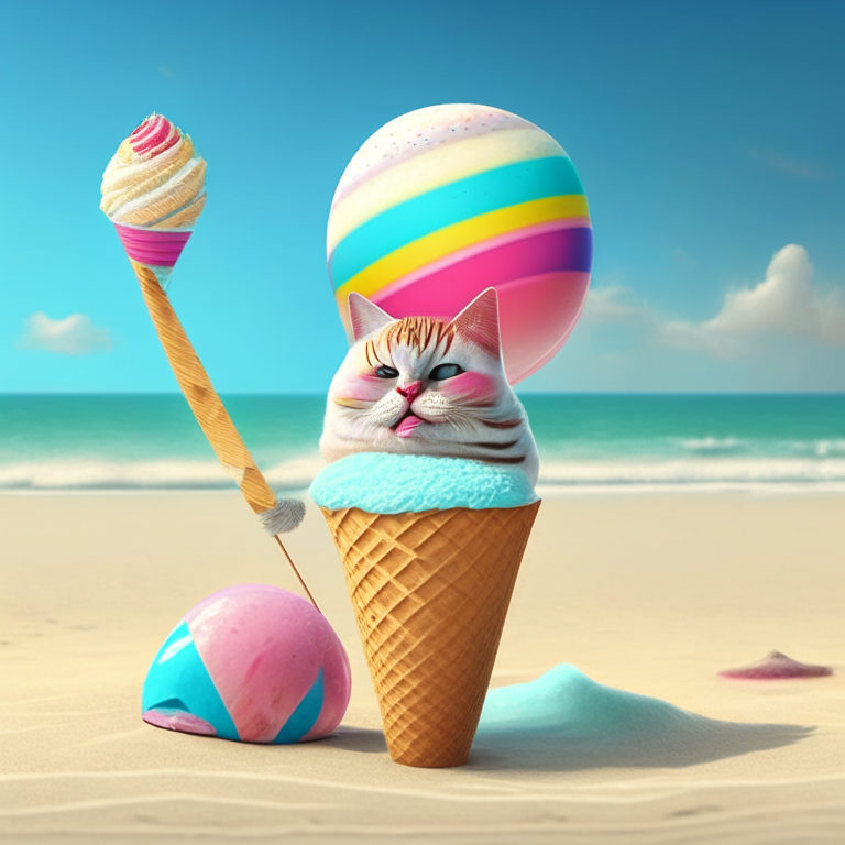 An ice cream cat with a cone hat and a popsicle tail sitting on a beach ball