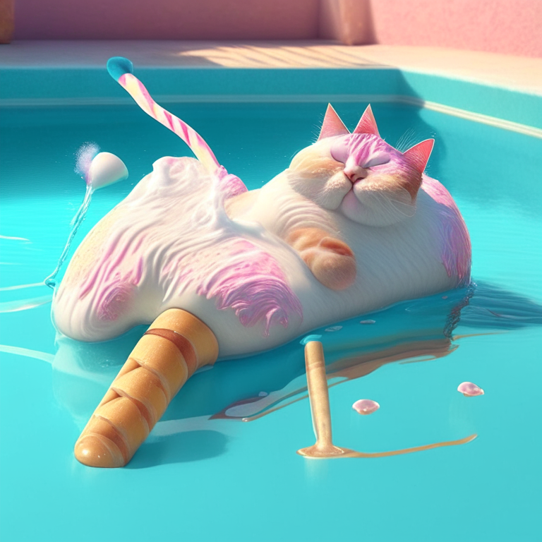 An ice cream cat with a popsicle tail lounging in a pool