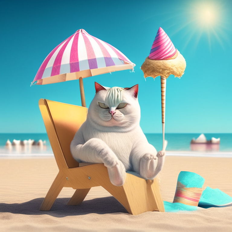 An ice cream cat with a cone hat and a popsicle tail sitting on a beach chair