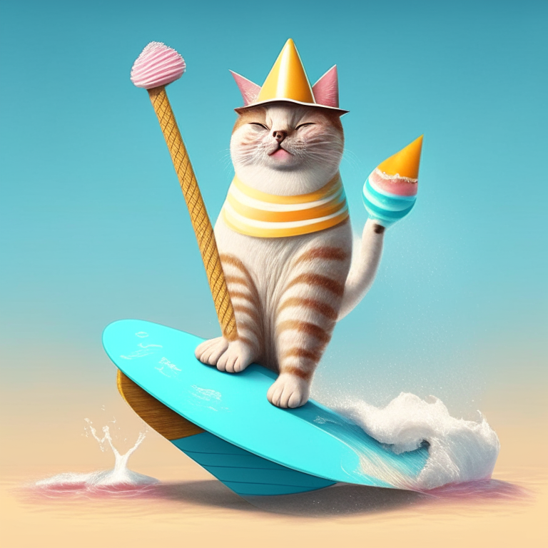 An ice cream cat with a cone hat and a popsicle tail sitting on a surfboard