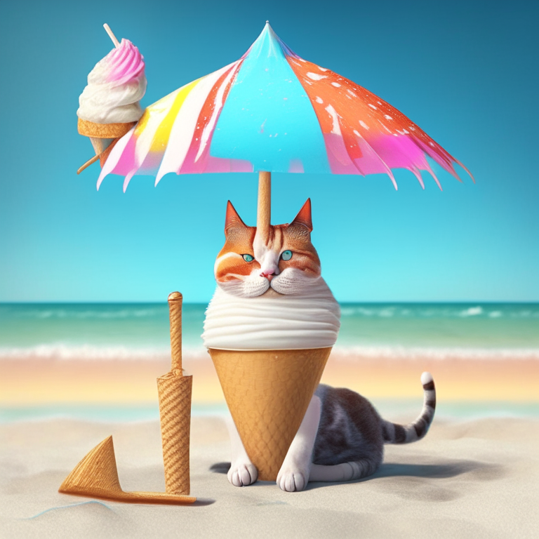 An ice cream cat with a cone hat and a popsicle tail sitting on a beach umbrella