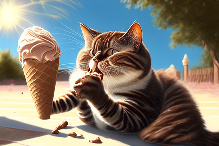 a cat eating chocolate ice cream in a summer setting