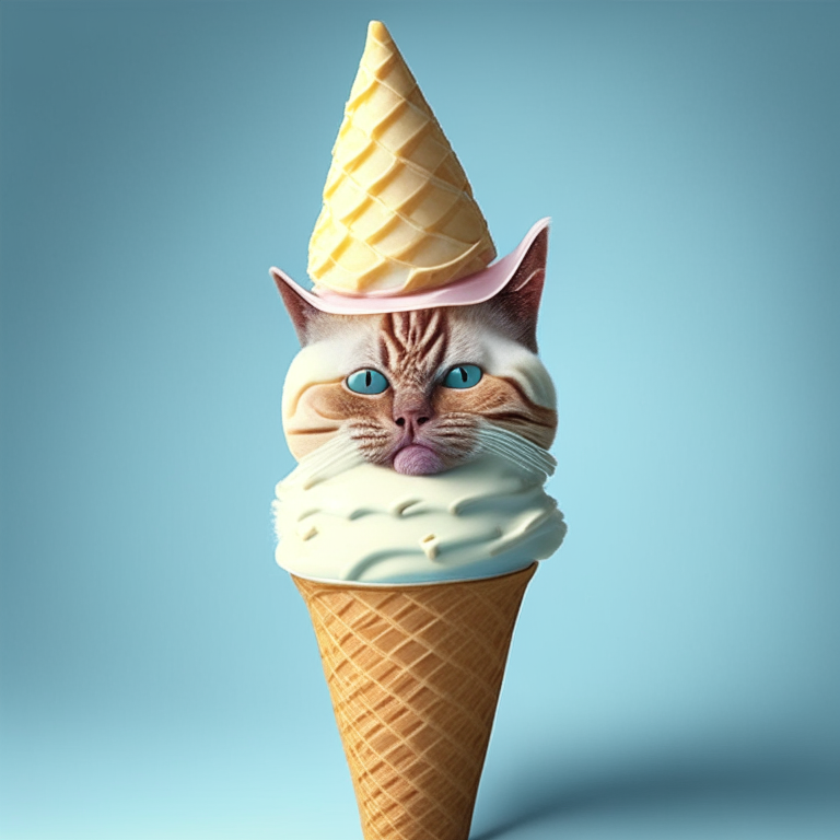 an ice cream cat with a waffle cone hat