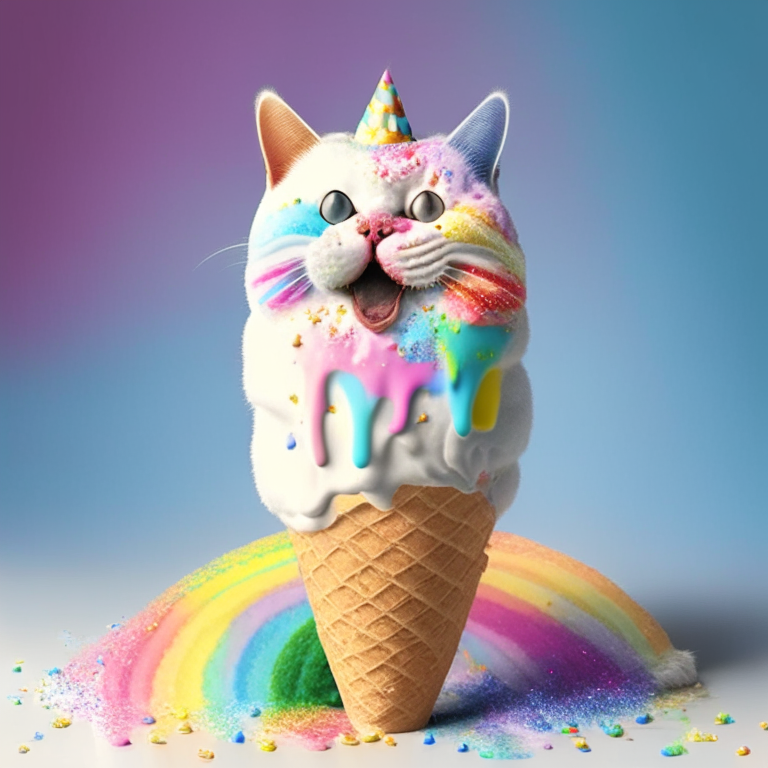 an ice cream cat with rainbow sprinkles