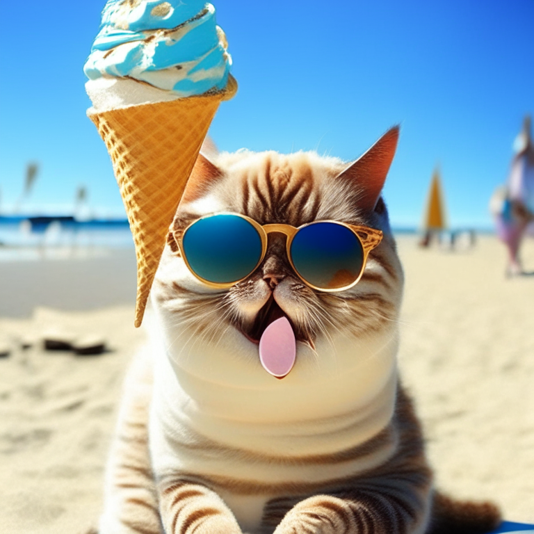 a cat wearing sunglasses and holding an ice cream cone on a sunny day a cute cat with an ice cream cone on a beach a happy cat enjoying an ice cream cone on a hot summer day a playful cat holding an ice cream cone on a sunny day a sweet cat with an ice cream cone on a summer day a fluffy cat enjoying an ice cream cone on a sunny day