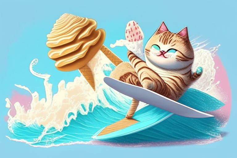 an ice cream cat surfing on a big wave a cat with an ice cream cone surfing on a wave a cute cat surfing on a wave with an ice cream cone a playful cat surfing on a wave with an ice cream cone