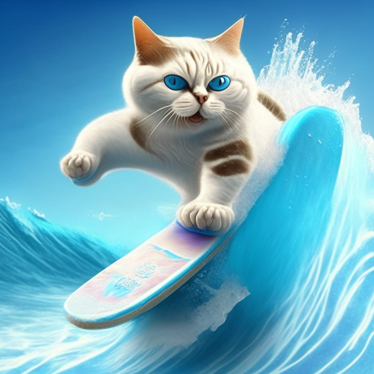 an ice cream cat surfing with blue eyes