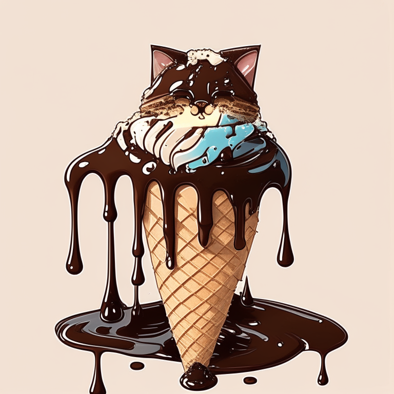 An ice cream cat with a chocolate syrup drizzle A cute cat made of ice cream with a chocolate syrup drizzle A cat-shaped ice cream cone with a chocolate syrup drizzle A delicious ice cream cat with a chocolate syrup drizzle