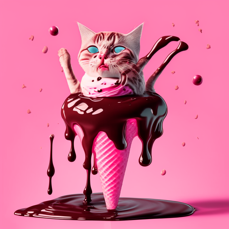 an ice cream cat with a chocolate syrup drizzle and a cherry on top, against a pink background