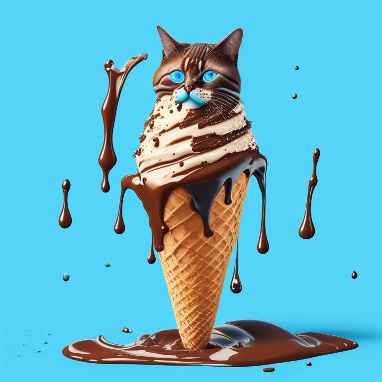 an ice cream cat with a chocolate syrup drizzle and a waffle cone, against a blue background