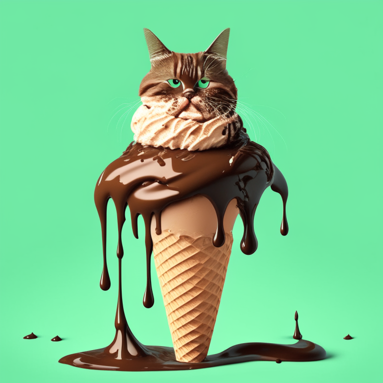 an ice cream cat with a chocolate syrup drizzle and a sugar cone, against a green background