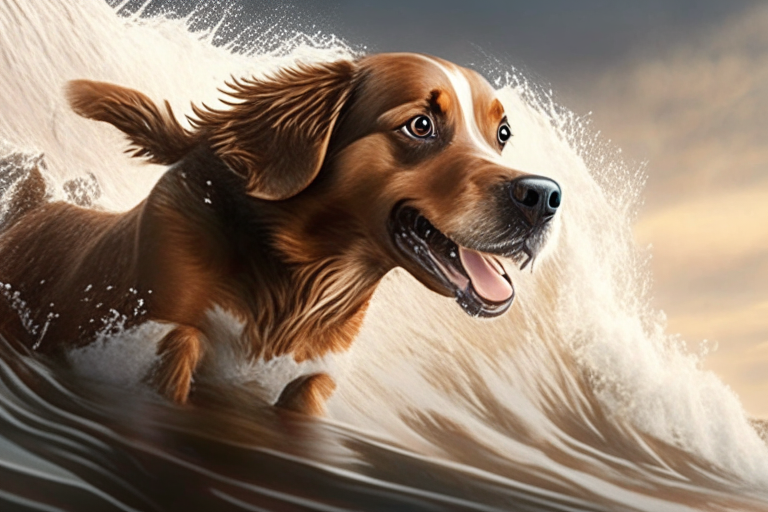 a brown dog surfing on a high wave, barking, ultra realistic, HD