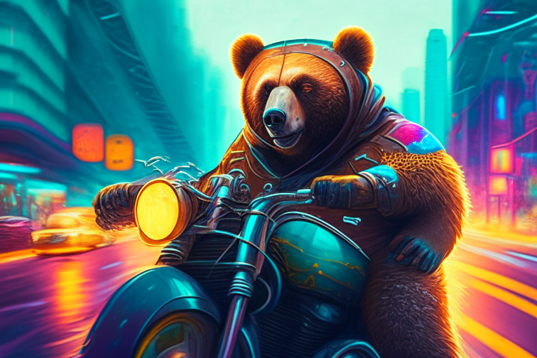 A Russian bear on a motorcycle, wearing a protective suit, driving through a city on a highway. The image is intricate, highly detailed, and breathtakingly beautiful, with vibrant colors and a comprehensive cinematic feel.