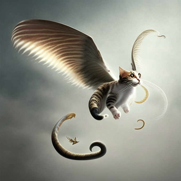 A cat with wings and a snake tail floating in the air