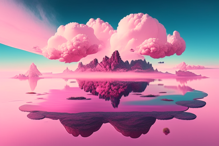 a surreal landscape with floating islands and a pink sky