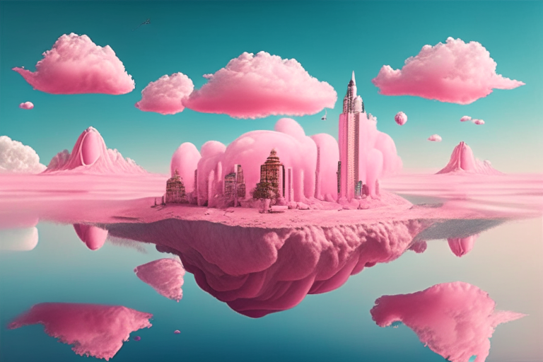 un paisaje surrealista con una ciudad flotante y un cielo rosa