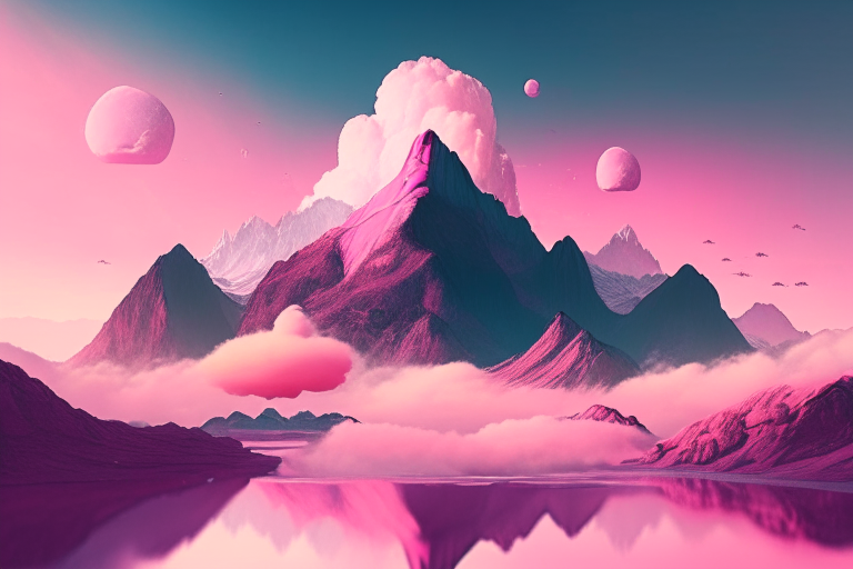a surreal landscape with floating mountains and a pink sky