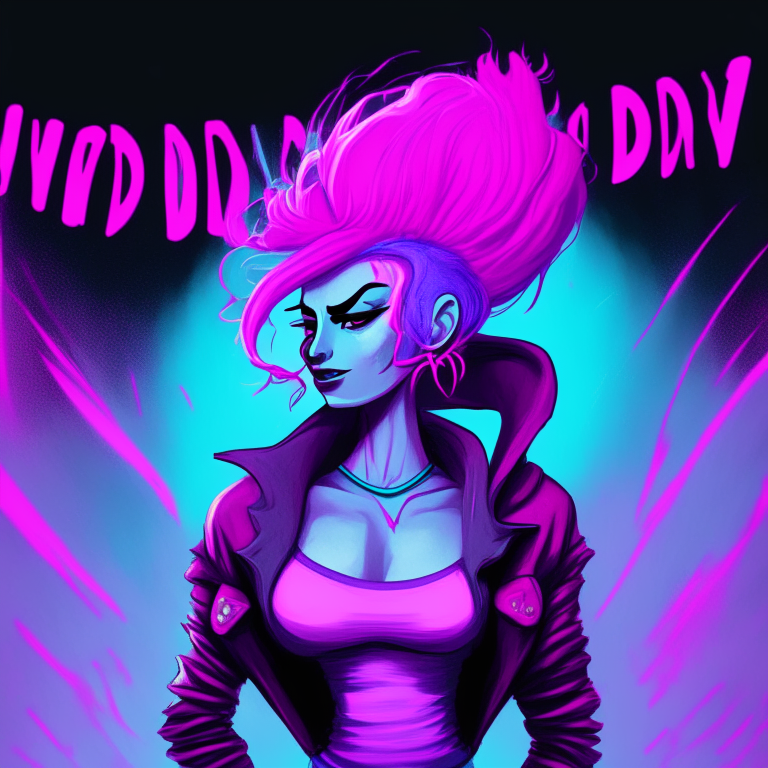 a cartoonish woman with pink hair standing in front of a purple background with the word 'Yoddaverse' in a magenta font