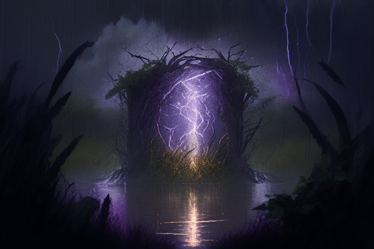 a nether portal in a lightning storm, surrounded by thickets and reeds