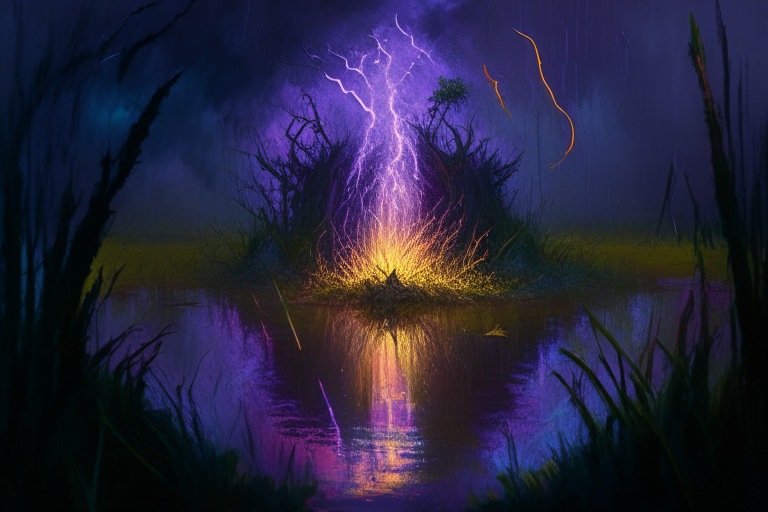 a nether portal in a colorful lightning storm, surrounded by thickets and reeds in a swamp