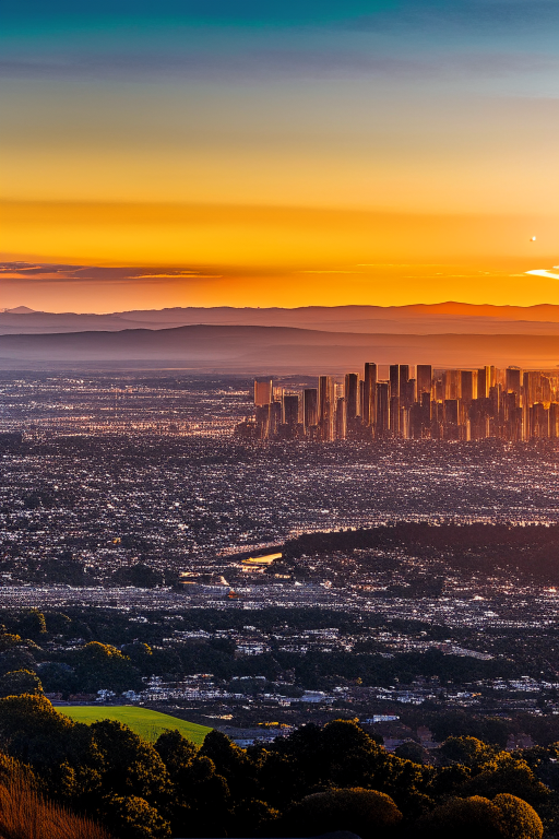 A panoramic view of Silicon Valley with the sun setting in the background.