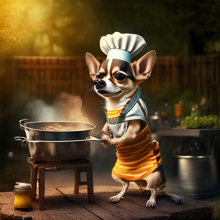 A Chihuahua cooking on a barbeque grill in a backyard, with a chef hat and apron