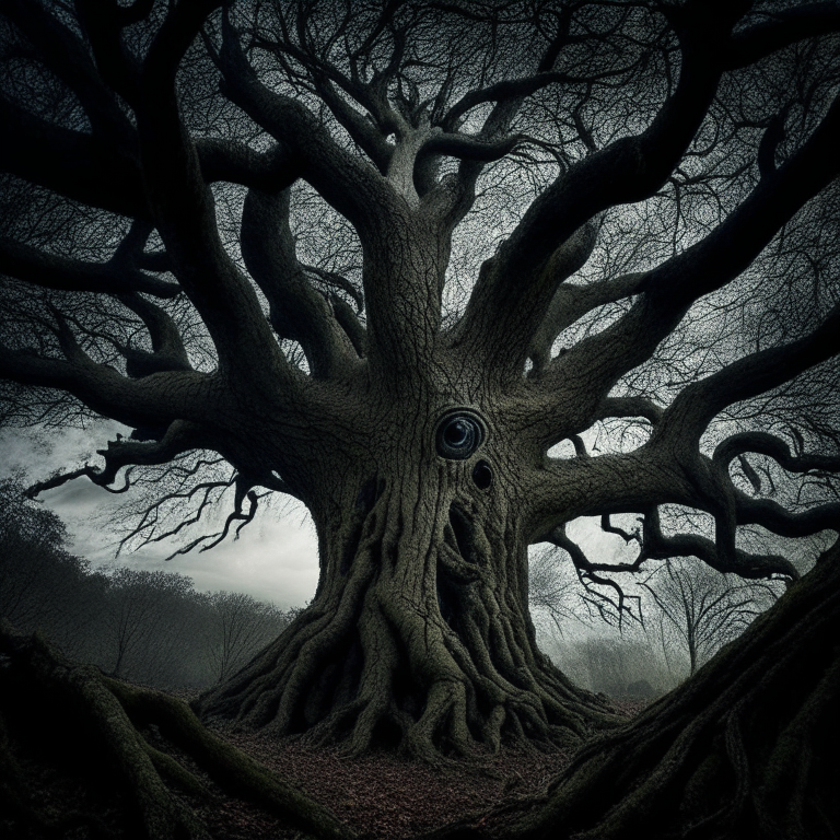 A haunting and eerie image of a world where trees have eyes, their gaze following people as they move through the forest. The tree in the image is a massive, ancient oak, its bark gnarled and twisted with age. Its branches are spread wide, reaching up to the sky, and its eyes are large and unblinking, staring out at the viewer with an intense, penetrating gaze. The eyes are a vivid green, with pupils that seem to dilate and contract with the shifting light. The forest around the tree is dense and tangled, with shadows that add to the sense of danger and mystery. The scene is captured in a photo-realistic style, with rich, detailed textures that emphasize the rough bark of the tree and the rough, earthy quality of the forest floor. The colors are muted and atmospheric, with a greenish hue that adds to the sense of otherworldliness and unease. 