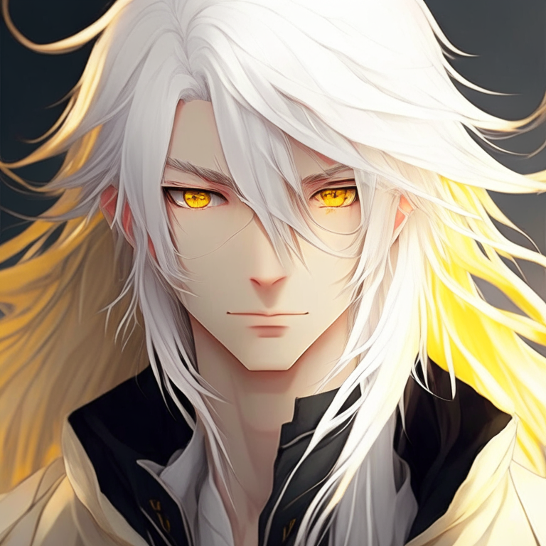 Handsome boy anime with yellow eyes and long white hair 