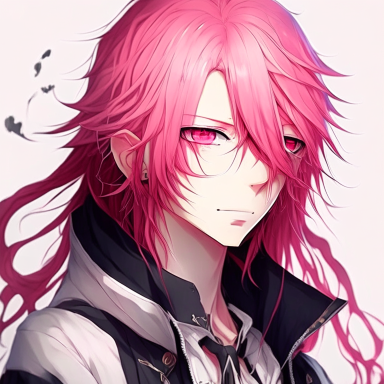 Handsome boy anime with red eyes and long pink hair 