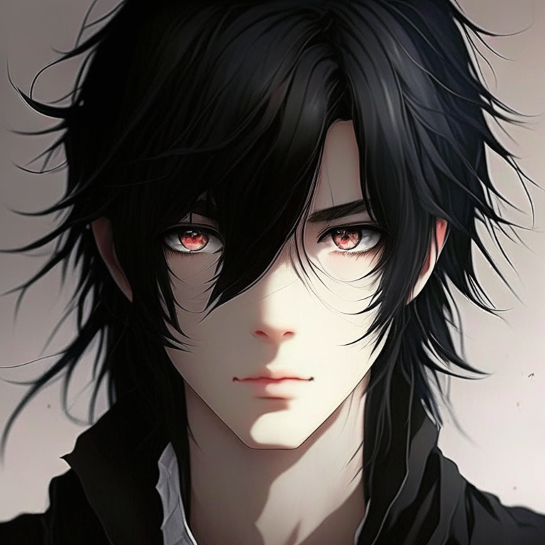 Handsome boy anime with  grey eyes and long 
black  hair 