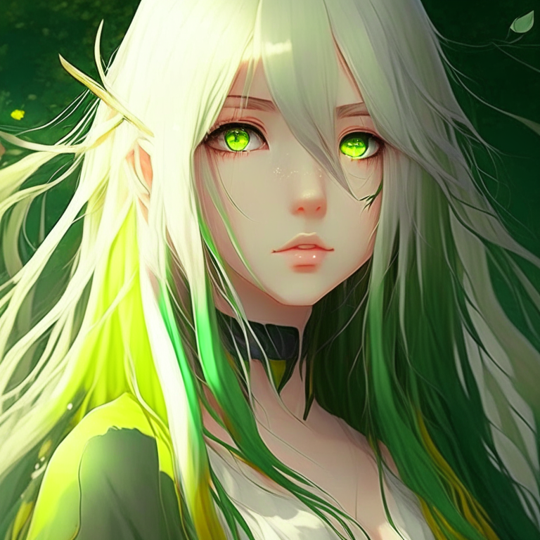 Beautiful Korean girl anime with yellow eyes and long green hair 