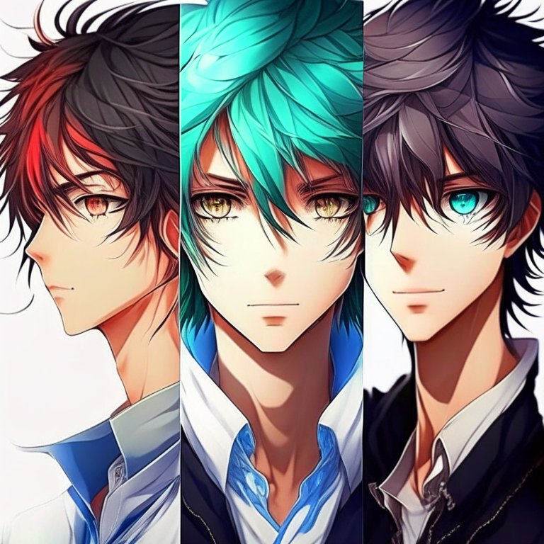 3 boys animes are handsome with different colours eyes and different colours hair 