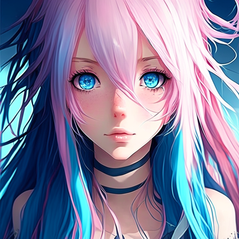 Beautiful American anime girl, with pink eyes long blue hair