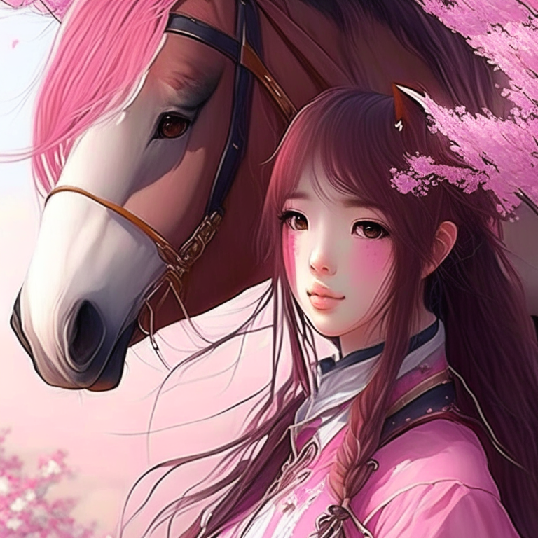 Beautiful Korean girl anime with pink beautiful horse 