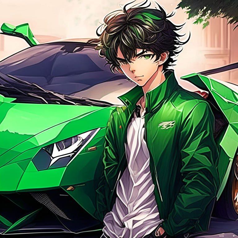 Handsome boy anime, with green Lamborghini car
