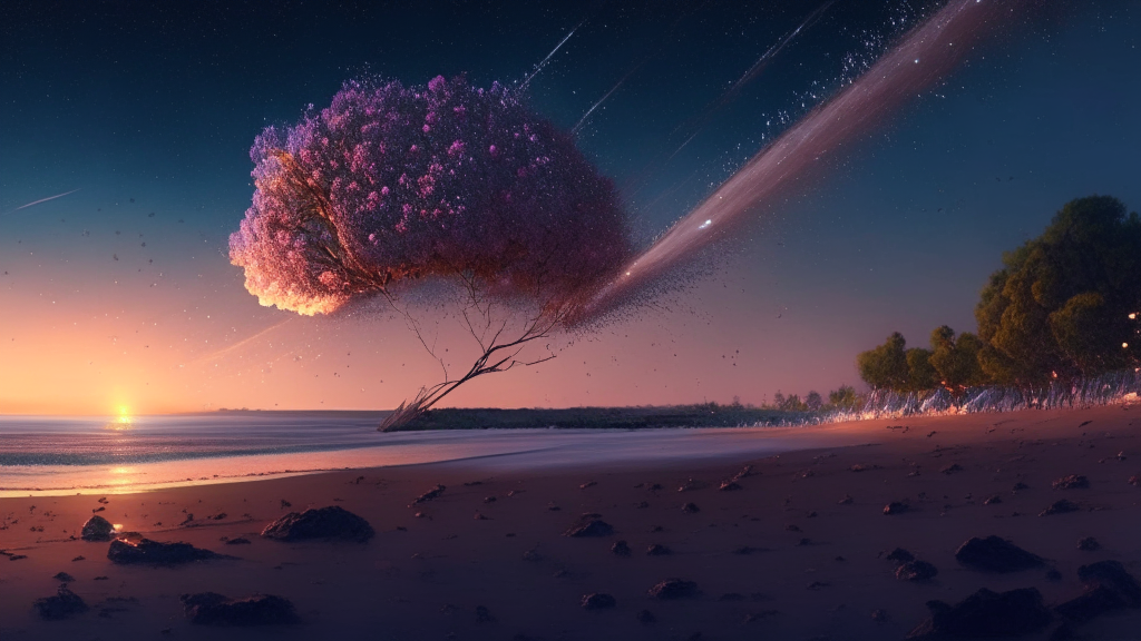A meteor exploding on a beach at dawn with blooming trees A meteor crashing into a beach with blooming trees at dawn A meteor impact on a beach with blooming trees at dawn